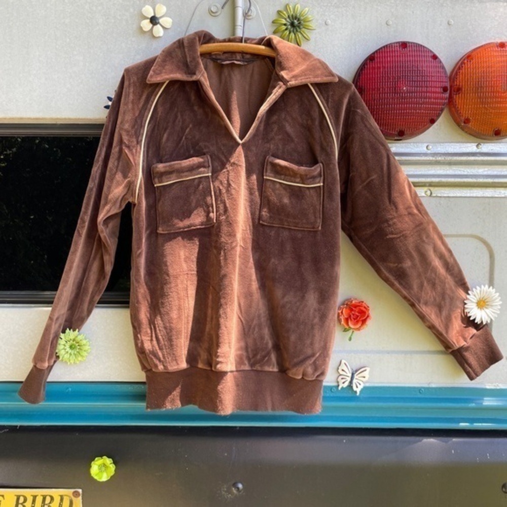 Vintage 70s Velour Huk-A-Poo Brown Track Suit Sweater Men’s size medium